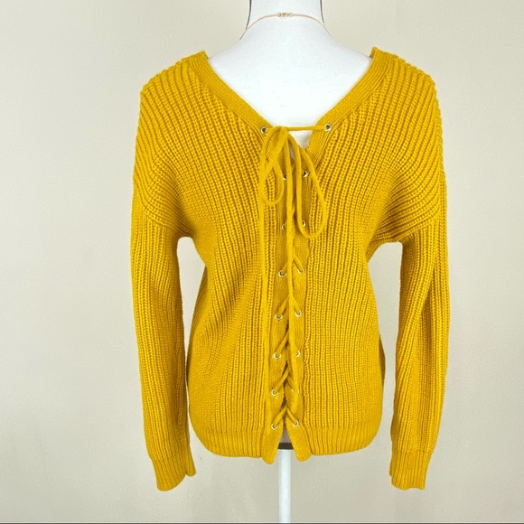Love By Design Long Sleeves Lace-Up Back Sweater Color Gold Size Large - Picture 2 of 8